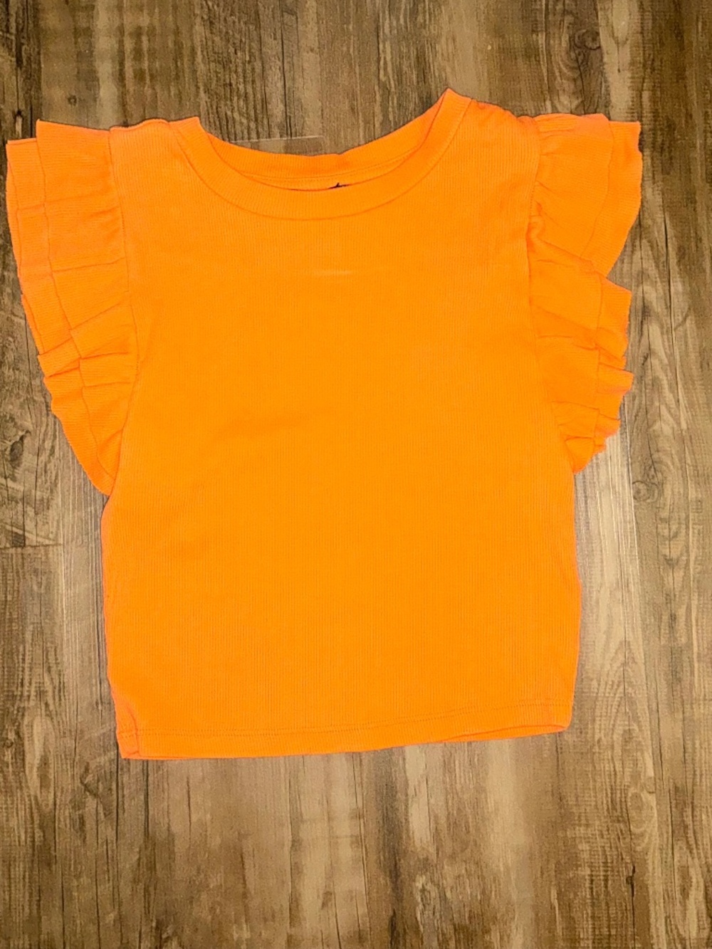 Zara orange ribbed knit top with ruffle cap sleeves, size M